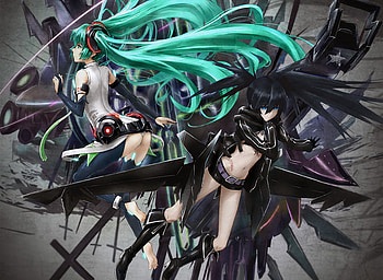 miku and black rock, miku, power, blue eyes, weapon, green hair, blush, black hair, long hair HD wallpaper