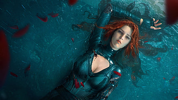 Redhead, water, tian zi, blue, fantasy, art, girl HD wallpaper