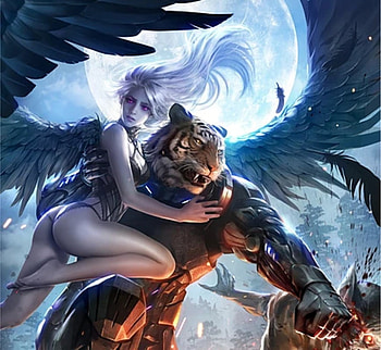 Angel and the Tiger guardian, tiger, eudia chae, fantasy, moon, luna, girl, angel HD wallpaper