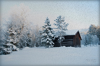 Cottage in the snow, winter, sunrise, brown, snow, trees, sun, tranquility, white, frozen, landscape, popular, cold, sesons, silence, nature, sky, peace, cottage HD wallpaper