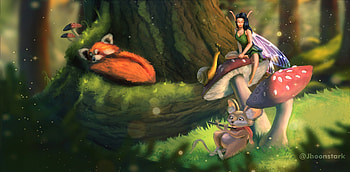 :), jonathan silva, art, cute, mini, orange, mushroom, fairy, fantasy, red panda, mouse, green, forest, sleep HD wallpaper