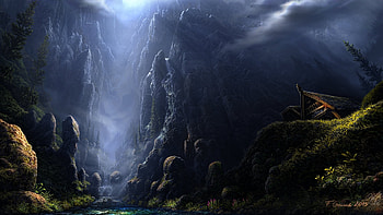 Mountain, Artistic, Cliff, House, Painting, Stream HD wallpaper