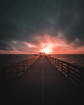 Sea, Nature, Sunset, Horizon, Pier, Mainly Cloudy, Overcast HD phone wallpaper