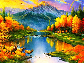 MOUNTAIN ART, art, reflection, painting, lak, animals, clouds, trees, nature, sky, mountains, water HD wallpaper