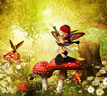 ✰Basking in Spring✰, rays, grasses, plants, colors, manipulation, spring, butterflies, fantastic, animals, trees, sunshine, sweet, feeling, angels, leaves, fantasy, pretty, light, basking, face, hair, lovely, stockings, colorful, sunlight, cute, digital art, warmth, butterfly, lips, flutter, wings, beautiful, mushrooms, seasons, love, cool, fairies, flowers, redhead, splendor HD wallpaper
