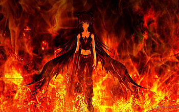 Fallen's Fire, wings, black, dark angel, hot, angel, girl, fire HD wallpaper