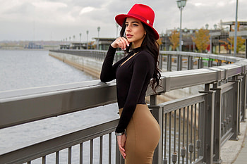 Victoria Baloyan with a Red Hat, outdoors, model, hat, brunette HD wallpaper