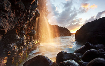 Nature, Sun, Rocks, Reflection, Shine, Light, Waterfall, Rays, Beams HD wallpaper