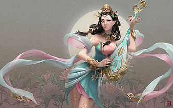 Fantasy girl, blue, pink, yokia, instrument, fantasy, art, girl HD wallpaper