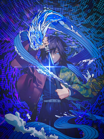 Giyu Tomioka, art, giyutomioka, blue, neon, demonslayer, hashira, manupulation, neonblue, anime, waterhashira HD phone wallpaper