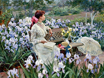 into the iris garden, garden, iris, girl, swordlilies HD wallpaper