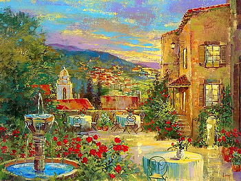 Michail Longo - Courtyard Cafe, cafe, michail longo, art, painting HD wallpaper