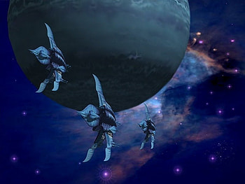 flying formation, ships, nebula, stars, planet HD wallpaper