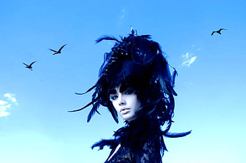 Feathers, blue, black, model, graphy, girl, beautiful, woman, lady, sky, female HD wallpaper