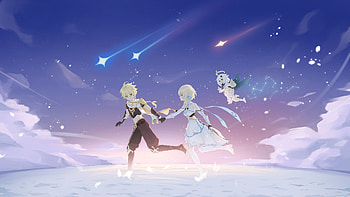 Aether Lumine Paimon Blue Starry Sky Background Genshin Impact HD wallpaper