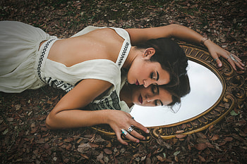 Model Girl Lying On Grass Embracing Mirror, girls, model HD wallpaper