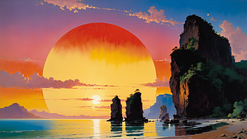 Tropical Sunset With Rock Formations, sunset, mountains, mountain, sun, ocean, sea, artist, artwork, art, digital-art, ai, deviantart HD wallpaper