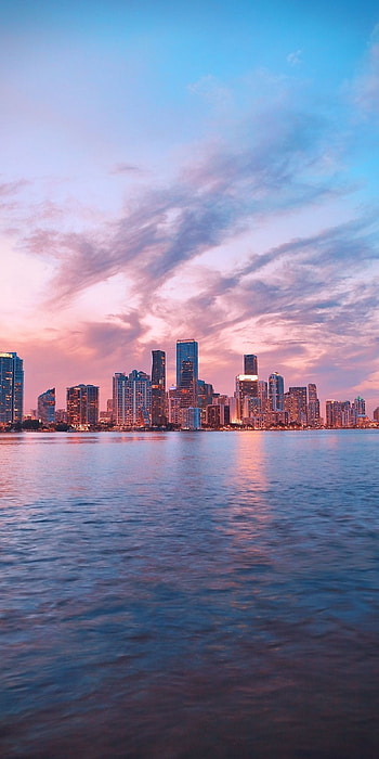 Miami skyline, Rickenbacker Causeway, Vibrant nightlife, City at night HD phone wallpaper