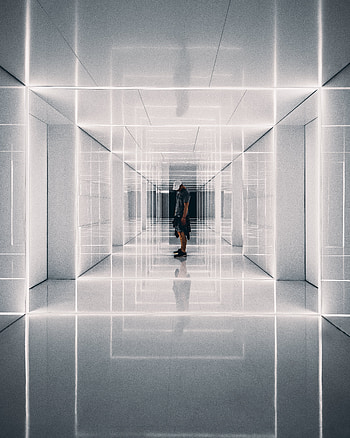 Reflection, Miscellanea, Miscellaneous, Minimalism, Corridor, Symmetry, Human, Person, Reflections HD phone wallpaper