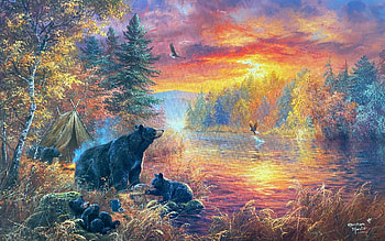 Fishing Camp, colors, trees, autumn, sky, forest, sunset, river, bears, artwork, painting HD wallpaper