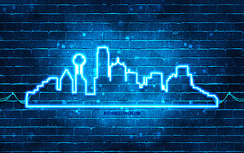 Dallas blue neon silhouette, , blue neon lights, Dallas skyline silhouette, blue brickwall, american cities, neon skyline silhouettes, USA, Dallas silhouette, Dallas HD wallpaper