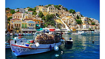 Boats_Sea_Greece, nature, houses, village, sea, oceans, blue, graphy, beauty, summer, boats, , hill HD wallpaper