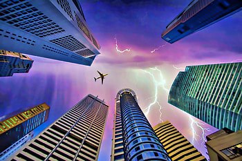 Skyscrapers, lighting, airplane, clouds, hop HD wallpaper