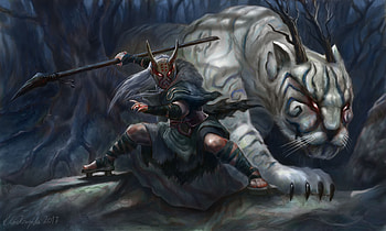 White Demon Tiger With His Warrior, artist, artwork, deviantart HD wallpaper