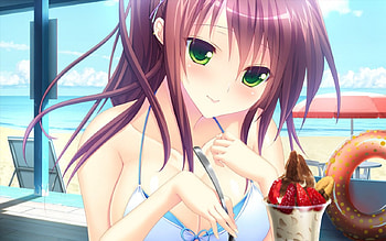 Maiden, cute, long hair, beauty, nice, lady, , female, sexy, sweet, hot, girl, beautiful, food, ice cream, anime girl, anime, pretty, brown hair, lovely, green eyes HD wallpaper