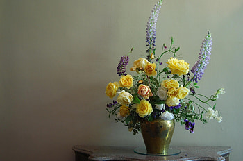 Flowers, Roses, Greens, Bouquet, Vase, Lupins HD wallpaper
