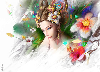 Hibiscus goddess, frumusete, nymph, art, girl, goddess, lgyrozenacht, fantasy, flower, li guaniy, luminos, hibiscus HD wallpaper