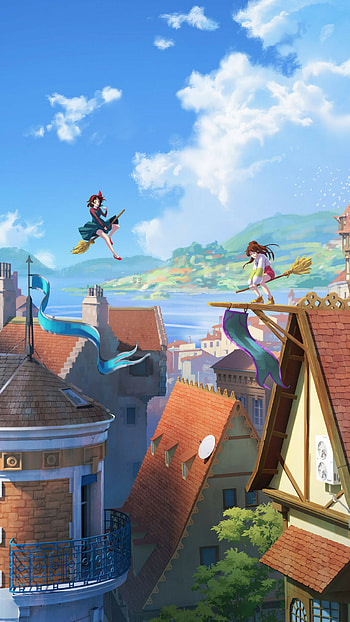 Sylvain Sarrailh artwork, Kiki and Chihiro rooftop, Anime illustration, Serene atmosphere HD phone wallpaper
