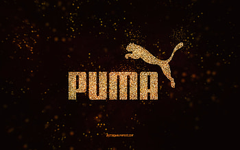 Puma glitter logo, , black background, Puma logo, gold glitter art, Puma, creative art, Puma gold glitter logo HD wallpaper