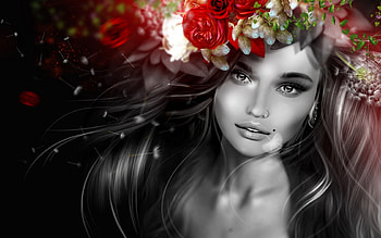 Beauty, white, rendering, black, bw, girl, rose, fantasy, flower, red, face, luminos, wreath HD wallpaper