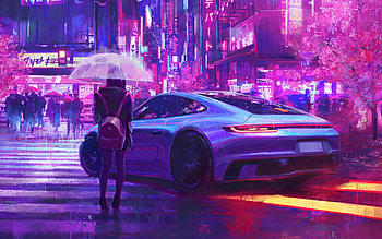:), fantasy, porche, car, girl, blue, umbrella, rain, city, pink, neon, street HD wallpaper