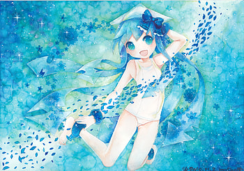Shinryaku! Ika Musume, blue, barefoot, musume, ika, ikamusume, shinryaku, swimsuit, petals, school swimsuit, flowers, hair bow, hat HD wallpaper