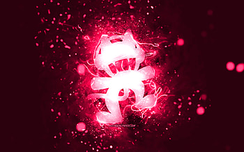 Monstercat pink logo, , canadian DJs, pink neon lights, creative, orange abstract background, Monstercat logo, music stars, Monstercat HD wallpaper
