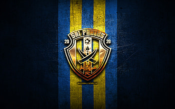Sri Pahang FC, golden logo, Malaysia Super League, blue metal background, football, malaysian football club, Sri Pahang FC logo, soccer, FC Sri Pahang HD wallpaper
