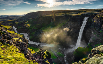 Haifoss, waterfall, Granni, Iceland, mountain river, waterfalls, Haifoss waterfall, Granni waterfall, evening, sunset HD wallpaper