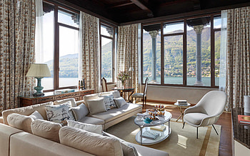stylish living room design, classic interior style, living room, Lake Como, columns, white furniture in the living room, modern interior, idea for a classic style living room HD wallpaper