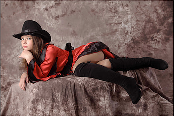 Cowgirl ~ Kleofia, cowgirl, boots, dress, hat HD wallpaper