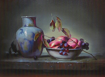 Bowl Of Peaches, table, leaves, grapes, vase, peaches, bowl, twig, still HD wallpaper