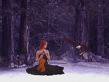 Song of the Huntress, abstract, song, fantasy, huntress, red, violin, hair, woman HD wallpaper