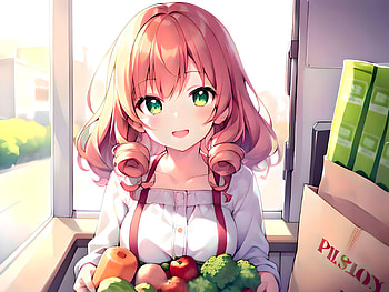 A girl in a market with a bag of vegetables, vegetable, AI Art, Anime, girl, anime girl HD wallpaper