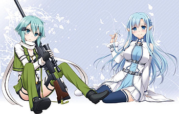 GGO : ALO, asada shino, yuuki asuna, long hair, shino, beauty, nice, sword art online, gun, female, sweet, asuna, sinon, blue hair, girl, asuna yuuki, yuuki, beautiful, anime girl, sao, anime, pretty, weapon, lovely HD wallpaper