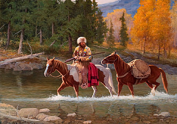 Mountain Man, river, autumn, horses, man HD wallpaper