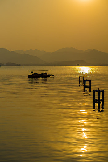 Nature, Sunset, Horizon, Lake, Boat HD phone wallpaper