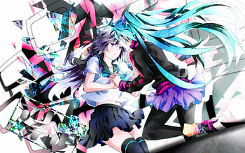 Hastune Miku, skitrs, 2 girls, uniform, colors, blue hair, t-shirts, miku, mirrior, pruple hair HD wallpaper