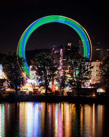 Cities, Rivers, Shine, Light, Long Exposure, Night City, Ferris Wheel HD phone wallpaper