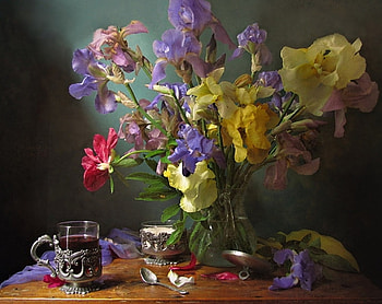 Still Life, flowers, tea, cup HD wallpaper